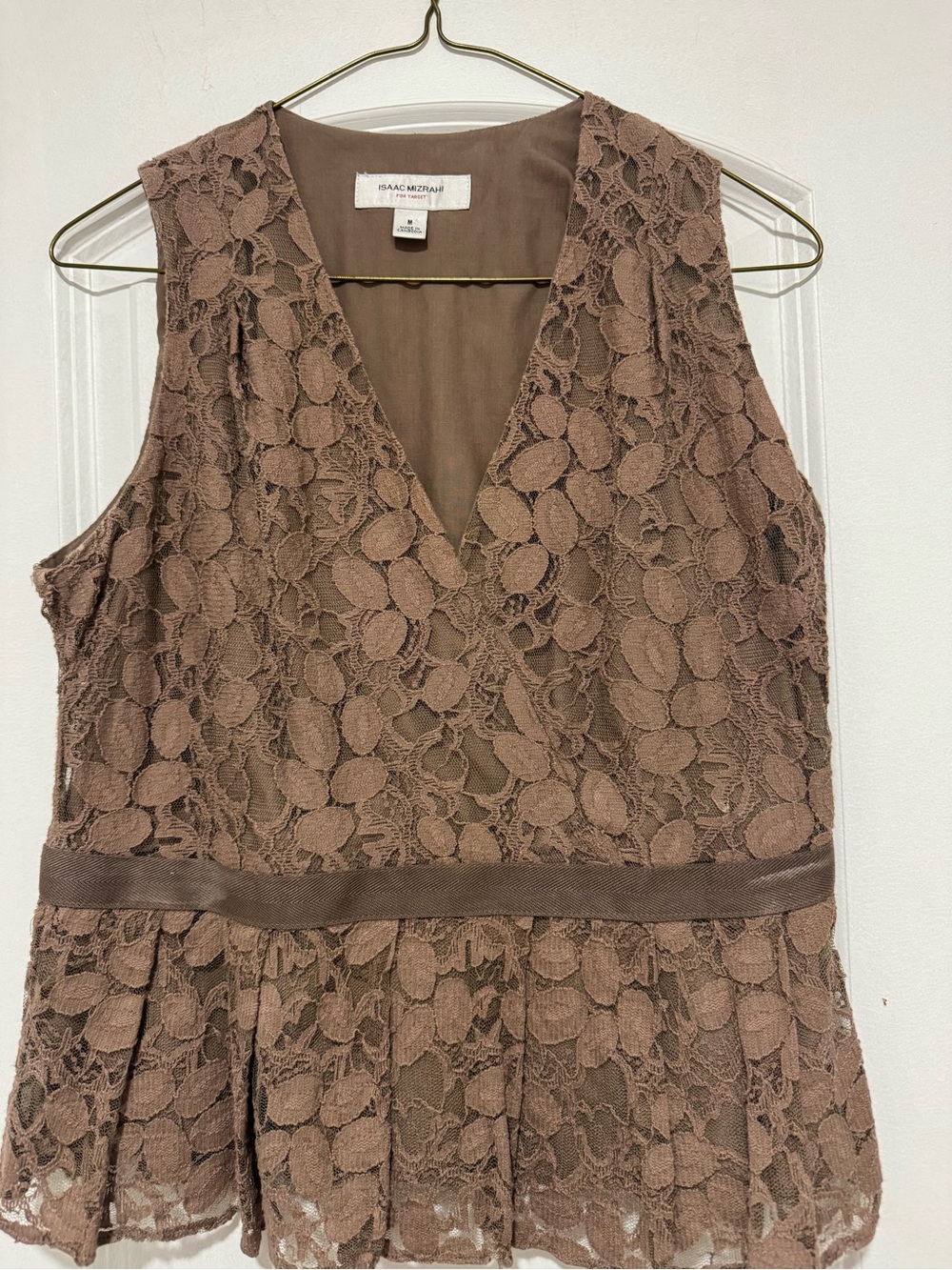 Isaac Mizrahi Taupe Lace V-Neck Peplum Tunic